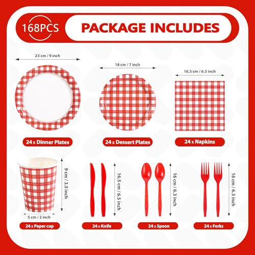 168Pcs Red and White Gingham Paper Supplies - Grencian