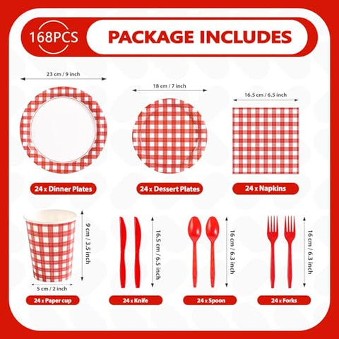 168Pcs Red and White Gingham Paper Supplies - Grencian