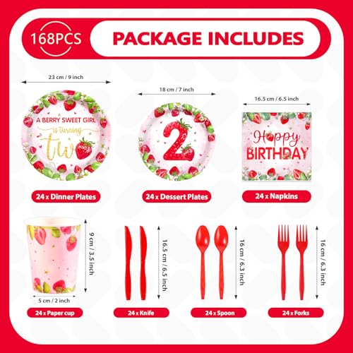 168Pcs Strawberry 2nd Birthday Paper Supplies - Grencian