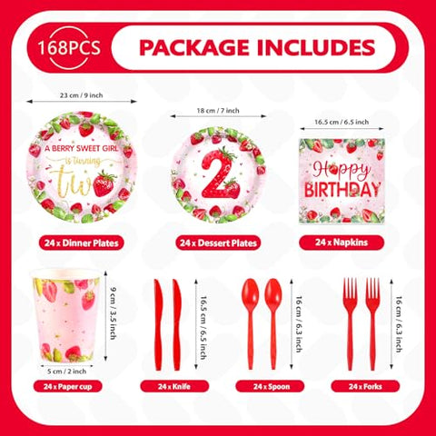 168Pcs Strawberry 2nd Birthday Paper Supplies - Grencian