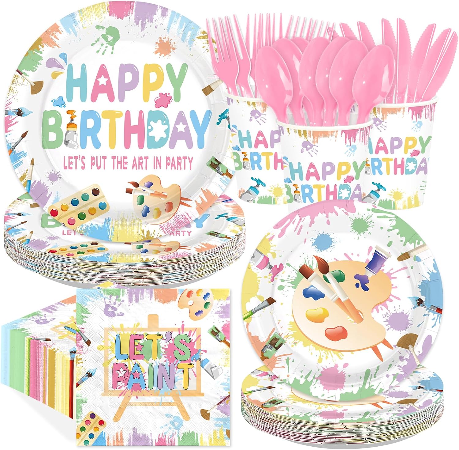 168Pcs Art Paint Birthday Party Decorations Tableware Serves 24 - Grencian