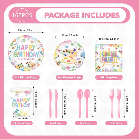 168Pcs Art Paint Birthday Party Decorations Tableware Serves 24 - Grencian