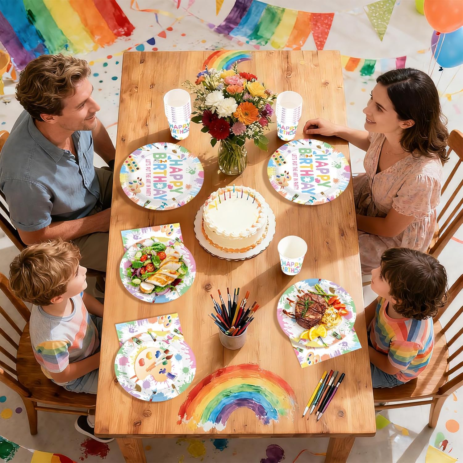 168Pcs Art Paint Birthday Party Decorations Tableware Serves 24 - Grencian