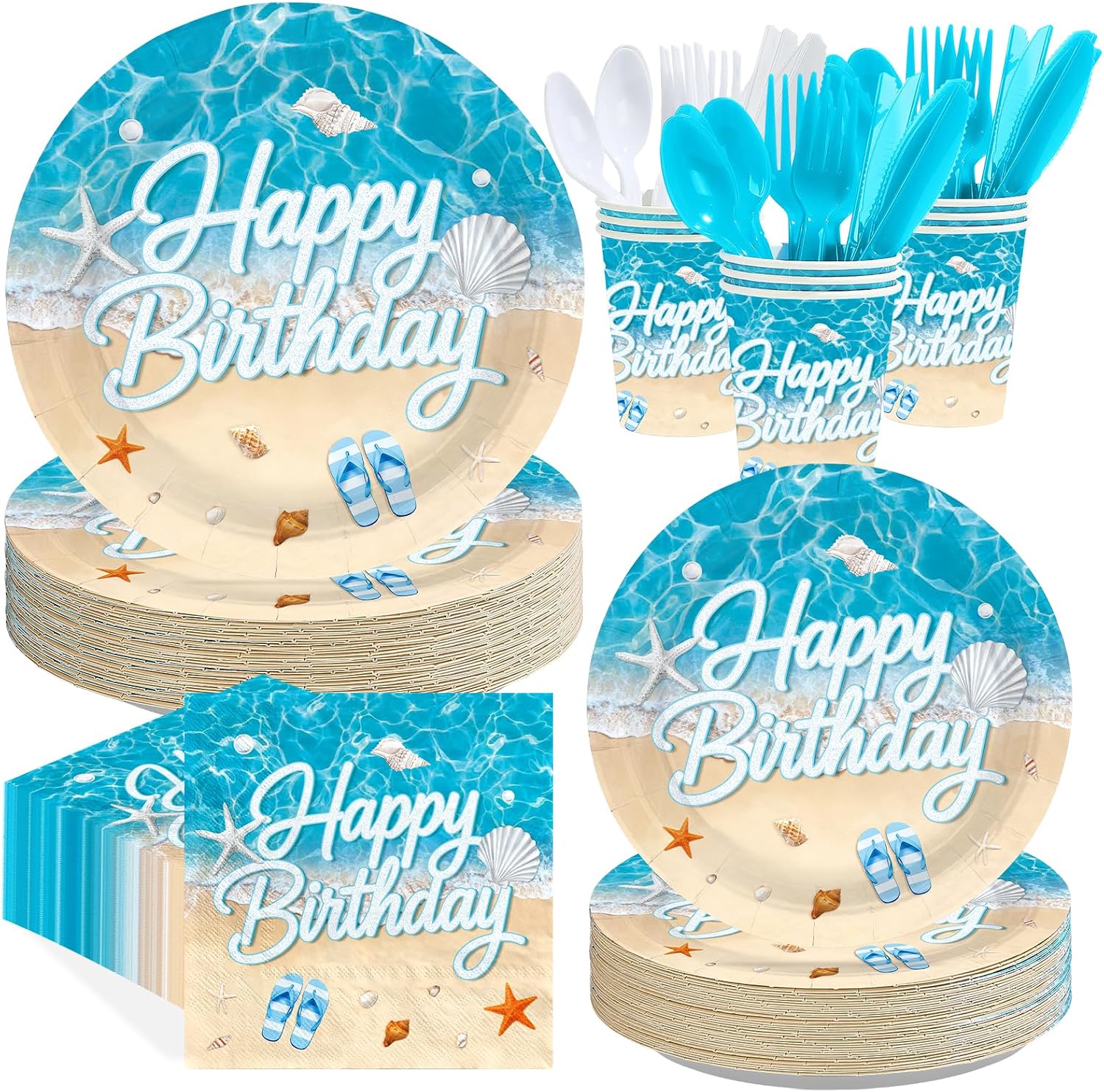 168Pcs Beach Ocean Birthday Party Decorations Tableware Serves 24 - Grencian