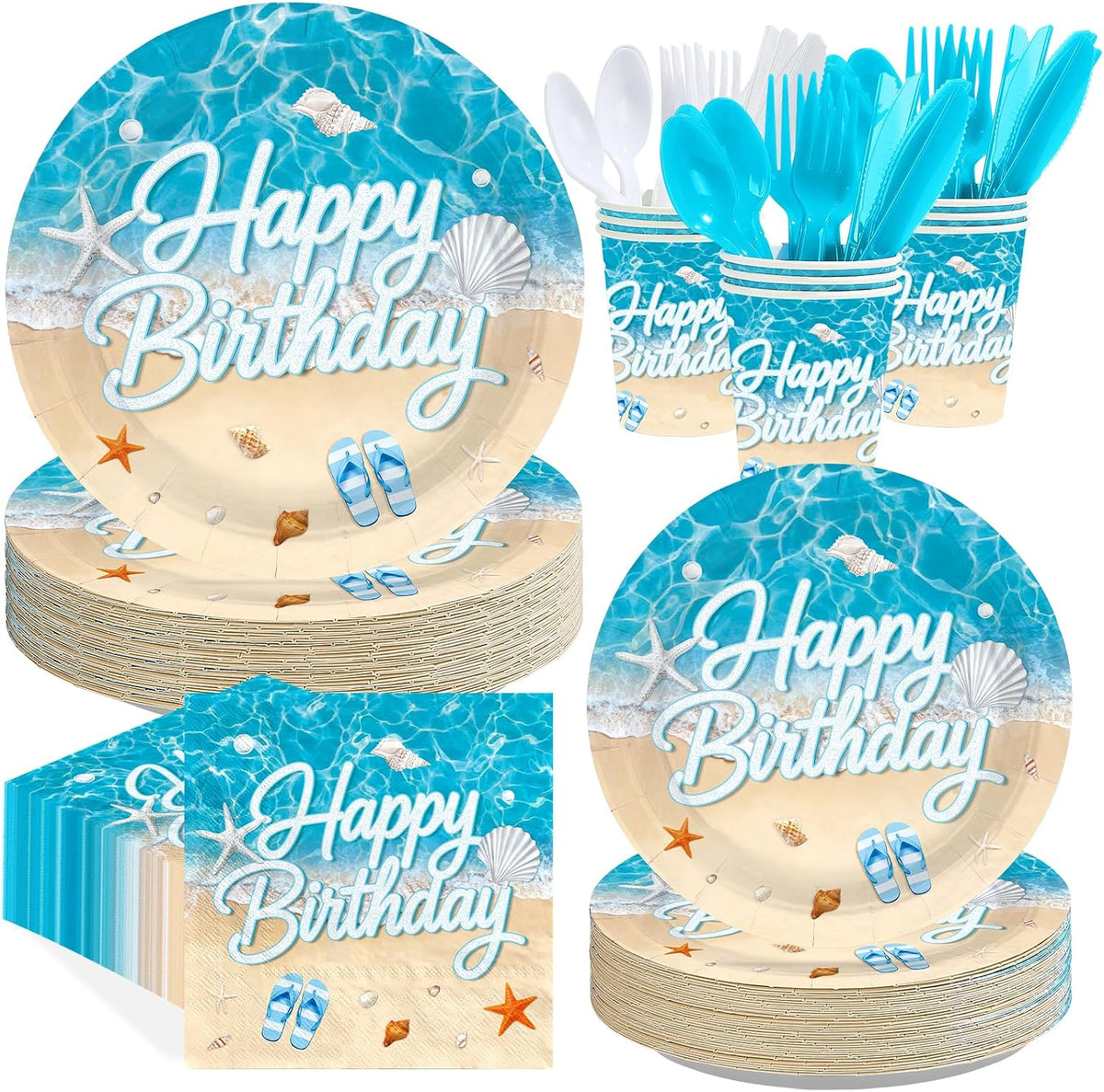 168Pcs Beach Ocean Birthday Party Decorations Tableware Serves 24 - Grencian
