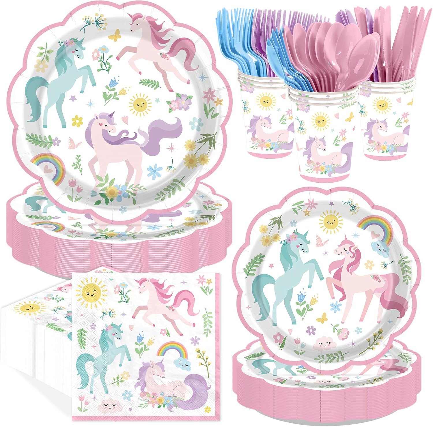 168Pcs Magical Pastel Unicorn Birthday Decorations Tableware Serves 24 - Grencian
