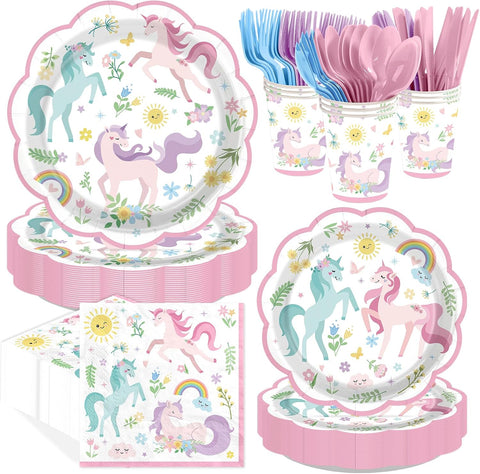 168Pcs Magical Pastel Unicorn Birthday Decorations Tableware Serves 24 - Grencian
