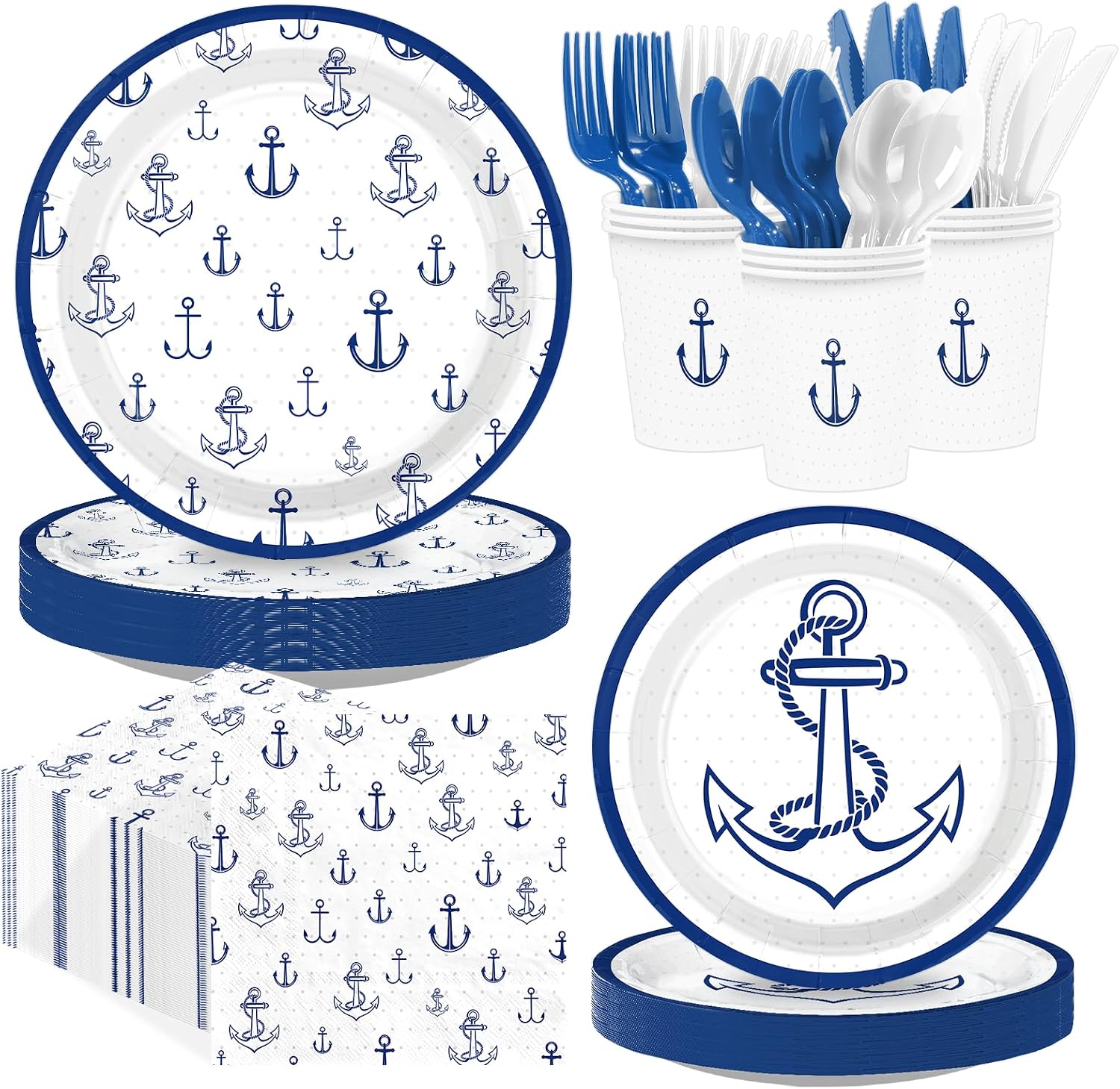 168Pcs Nautical Anchor Birthday Party Decorations Tableware Serves 24 - Grencian