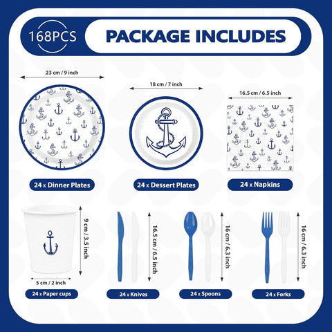 168Pcs Nautical Anchor Birthday Party Decorations Tableware Serves 24 - Grencian