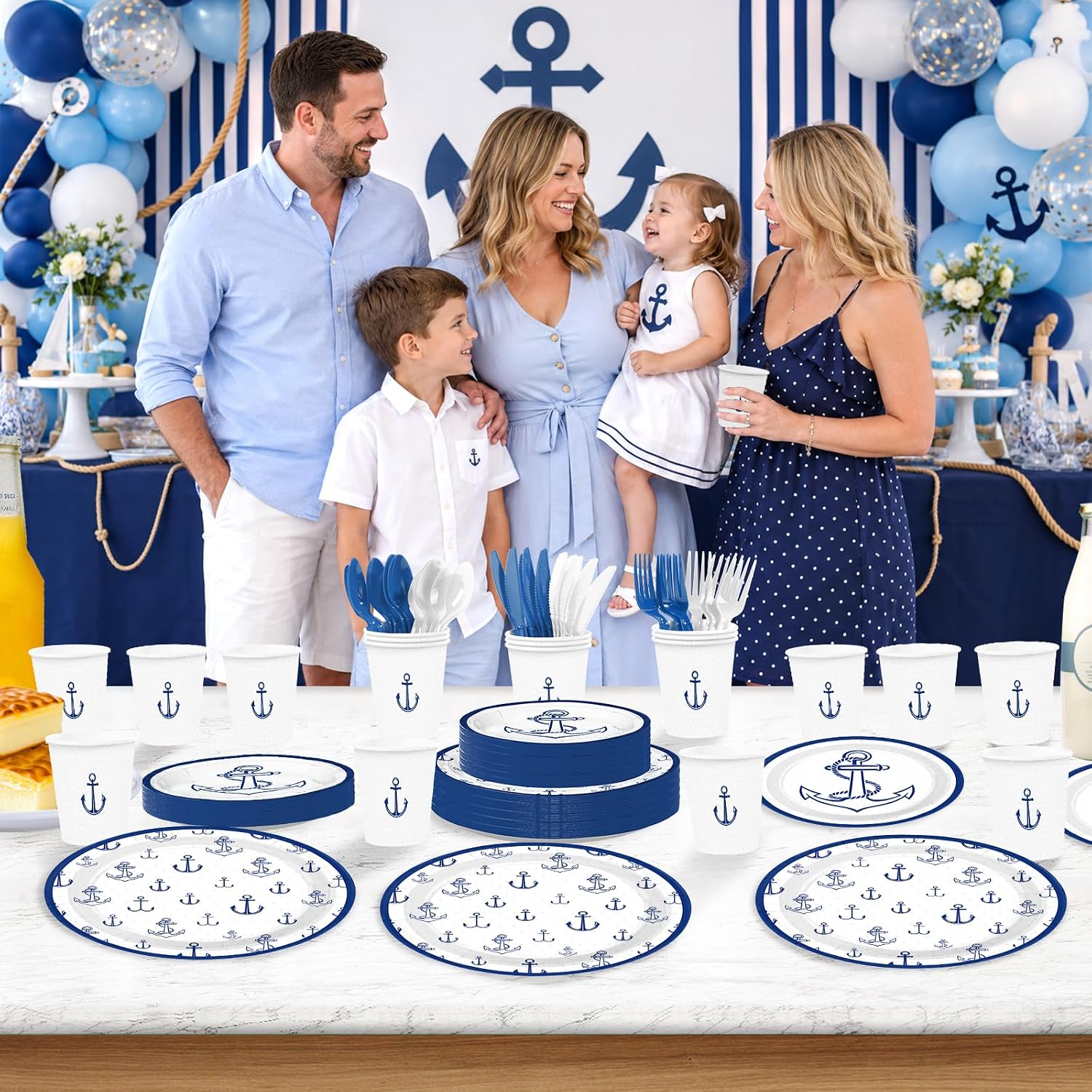 168Pcs Nautical Anchor Birthday Party Decorations Tableware Serves 24 - Grencian