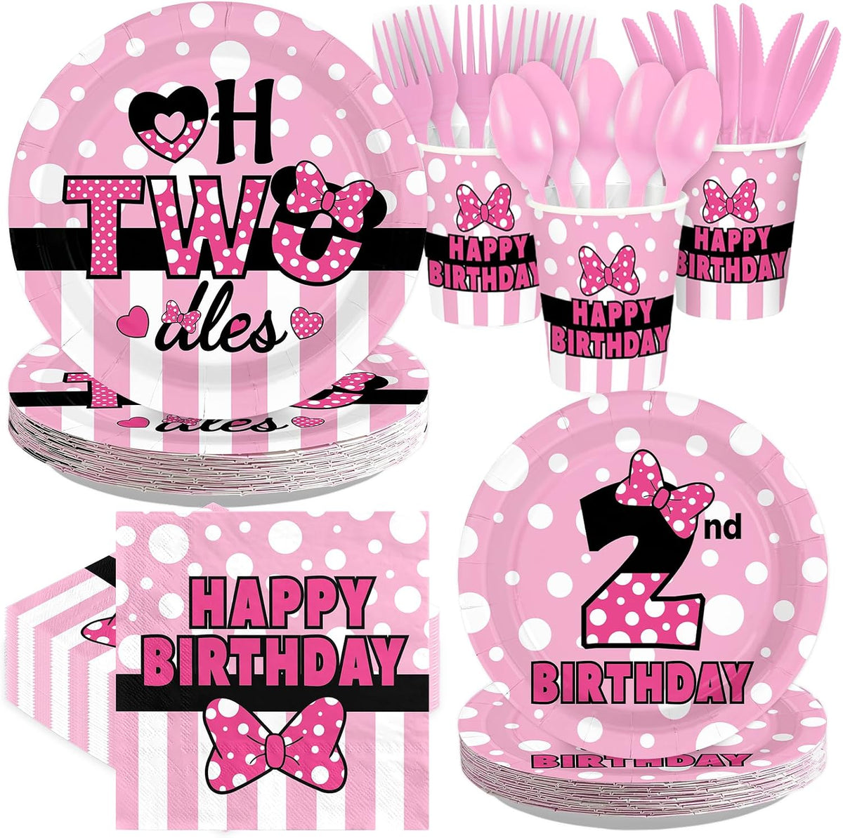 168Pcs Pink Mouse 2nd Birthday Party Decorations Tableware Serves 24 - Grencian