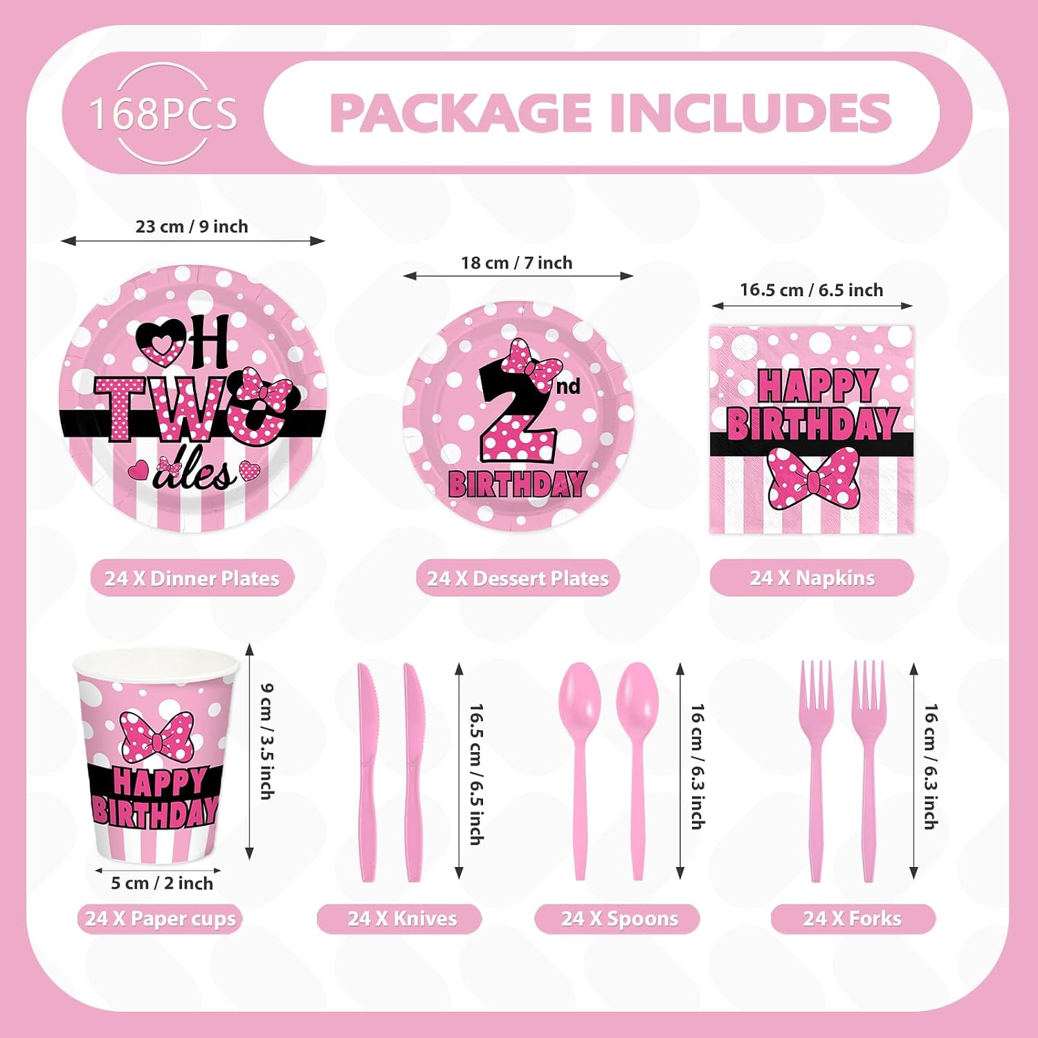 168Pcs Pink Mouse 2nd Birthday Party Decorations Tableware Serves 24 - Grencian