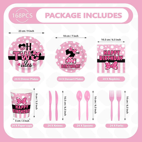 168Pcs Pink Mouse 2nd Birthday Party Decorations Tableware Serves 24 - Grencian