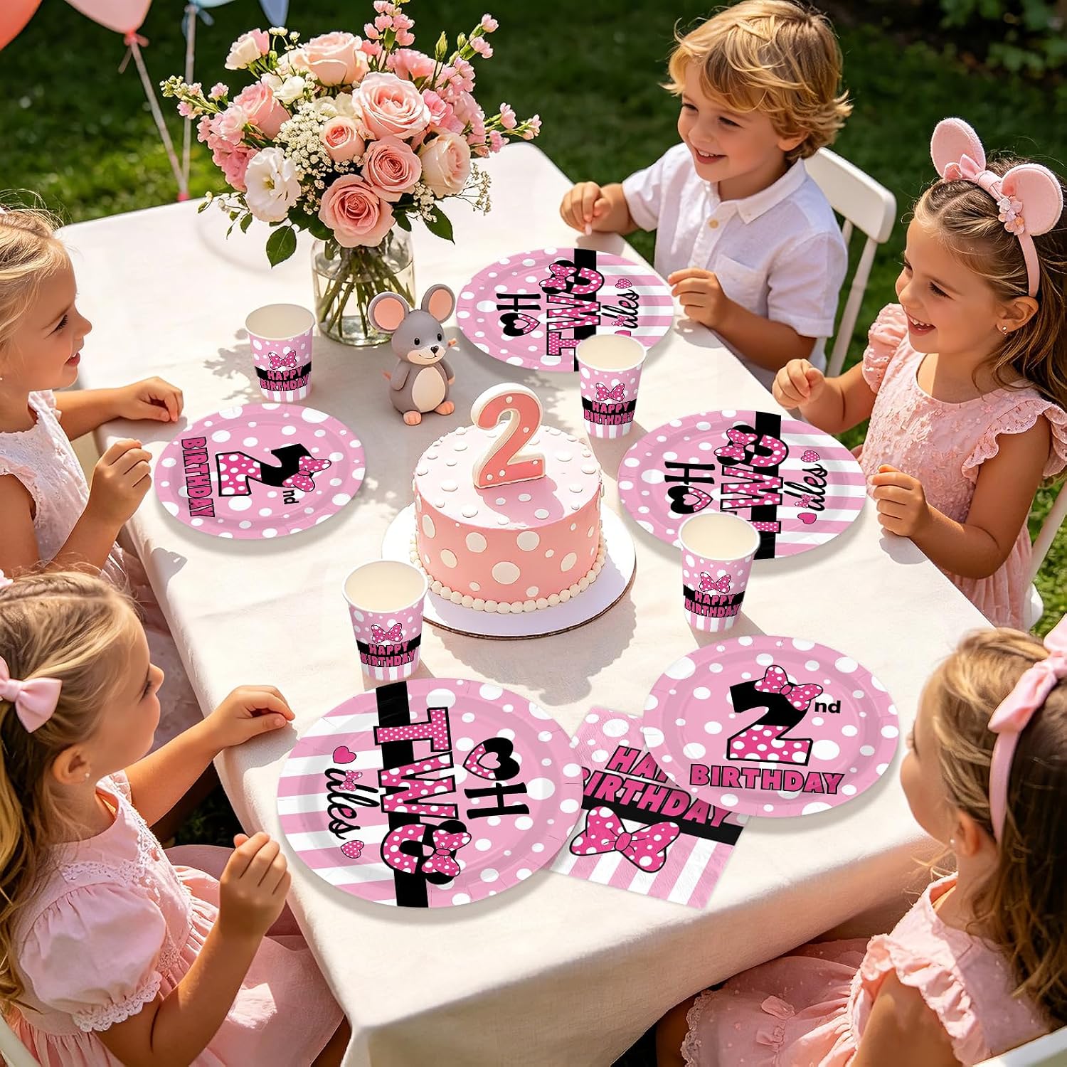168Pcs Pink Mouse 2nd Birthday Party Decorations Tableware Serves 24 - Grencian