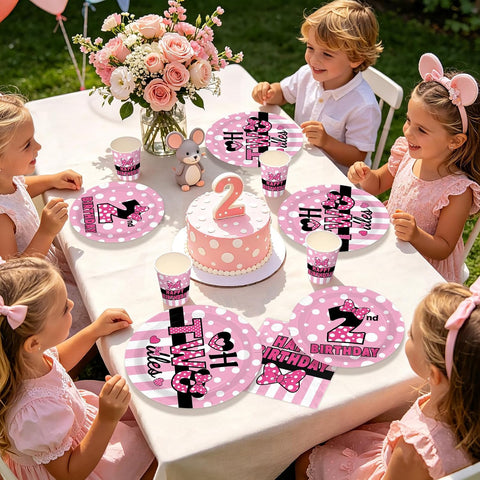 168Pcs Pink Mouse 2nd Birthday Party Decorations Tableware Serves 24 - Grencian
