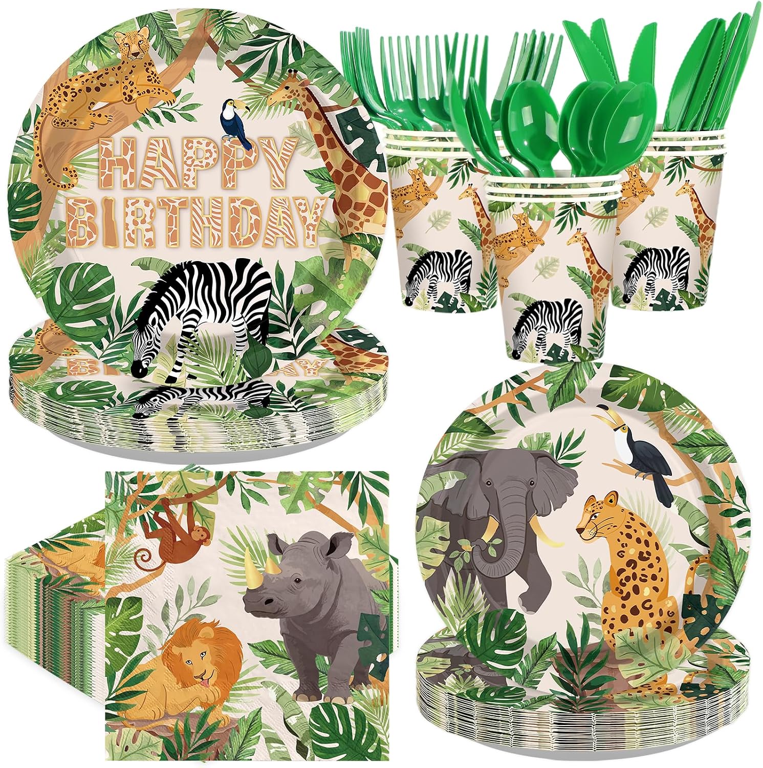 168Pcs Safari Animal Birthday Party Decorations Tableware Serves 24 - Grencian