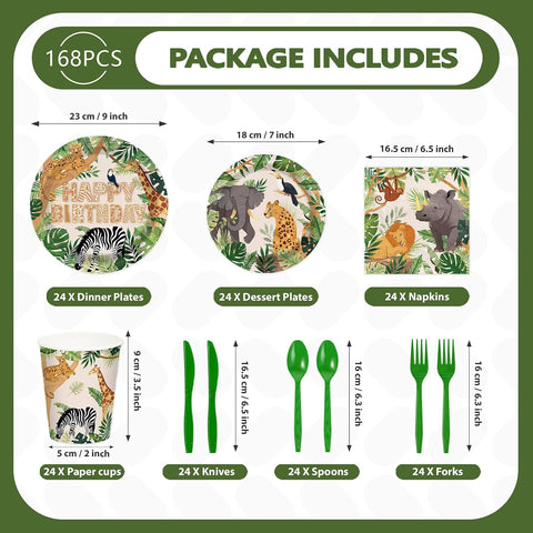 168Pcs Safari Animal Birthday Party Decorations Tableware Serves 24 - Grencian
