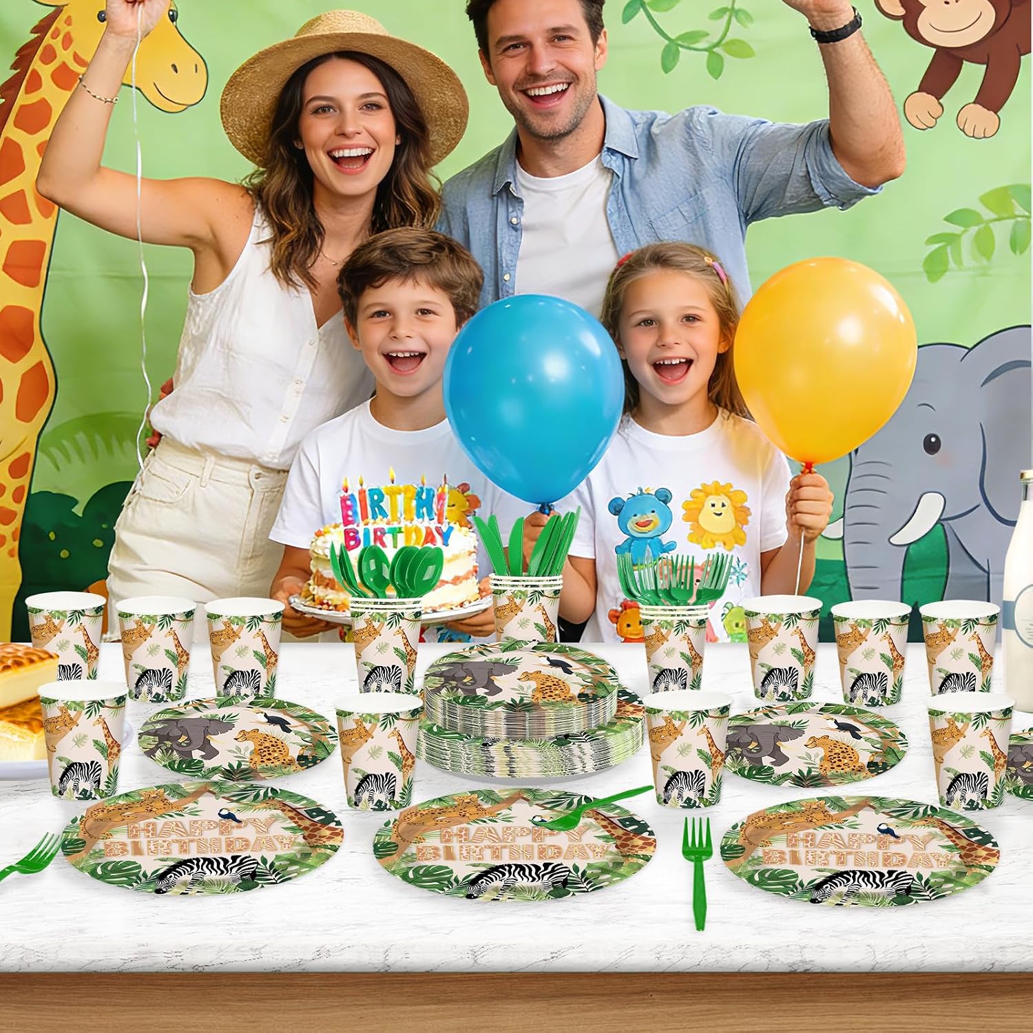 168Pcs Safari Animal Birthday Party Decorations Tableware Serves 24 - Grencian
