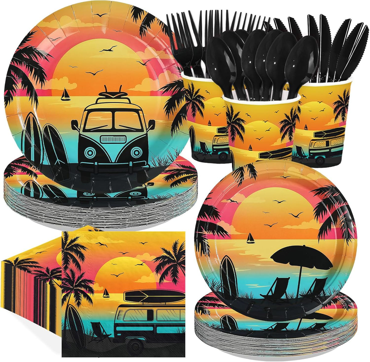 168Pcs Tropical Beach Sunset Party Decorations Tableware Serves 24 - Grencian
