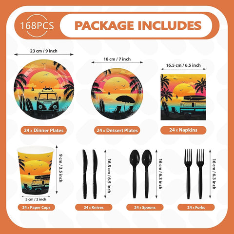 168Pcs Tropical Beach Sunset Party Decorations Tableware Serves 24 - Grencian