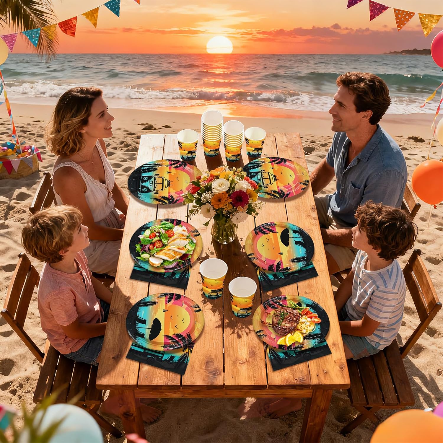 168Pcs Tropical Beach Sunset Party Decorations Tableware Serves 24 - Grencian