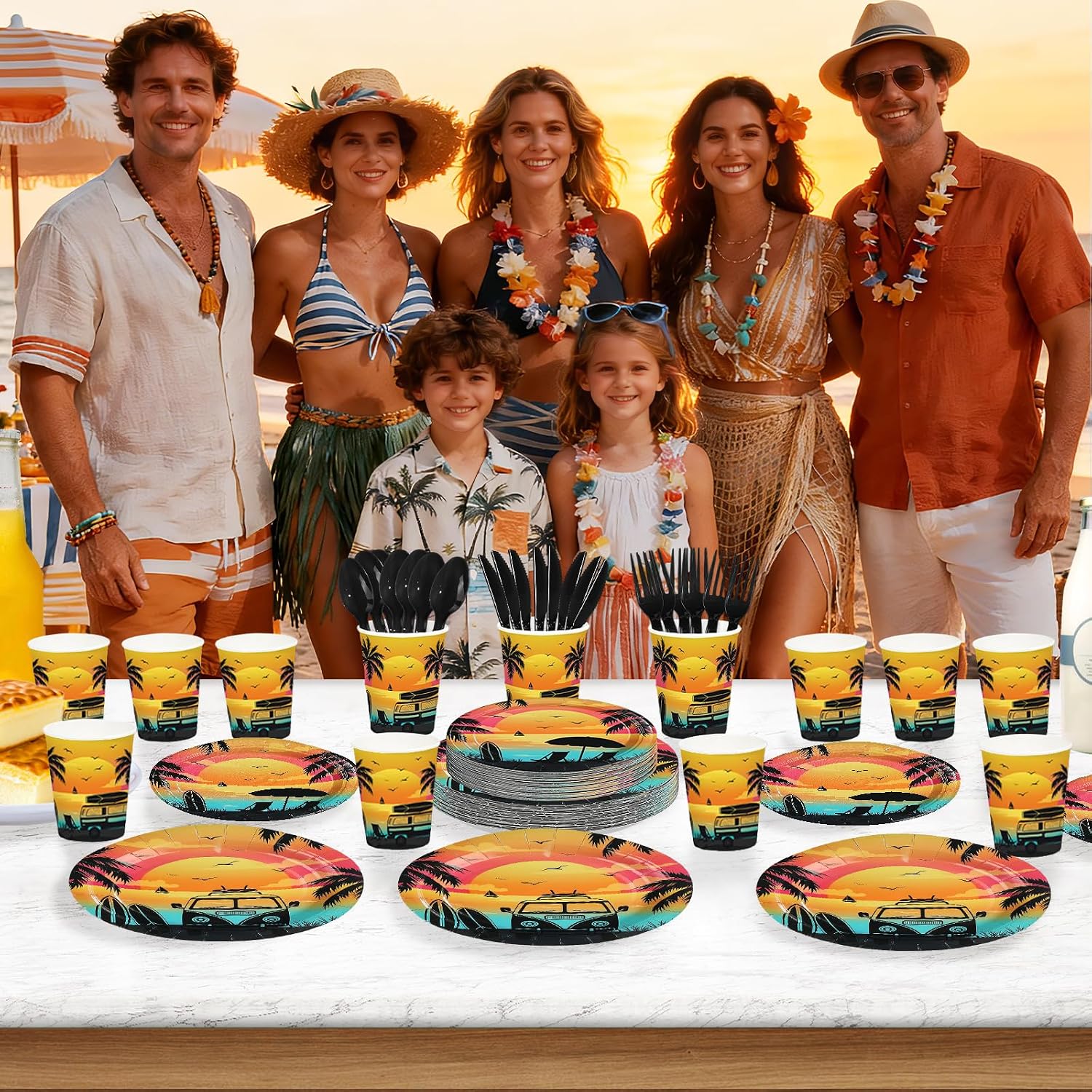 168Pcs Tropical Beach Sunset Party Decorations Tableware Serves 24 - Grencian