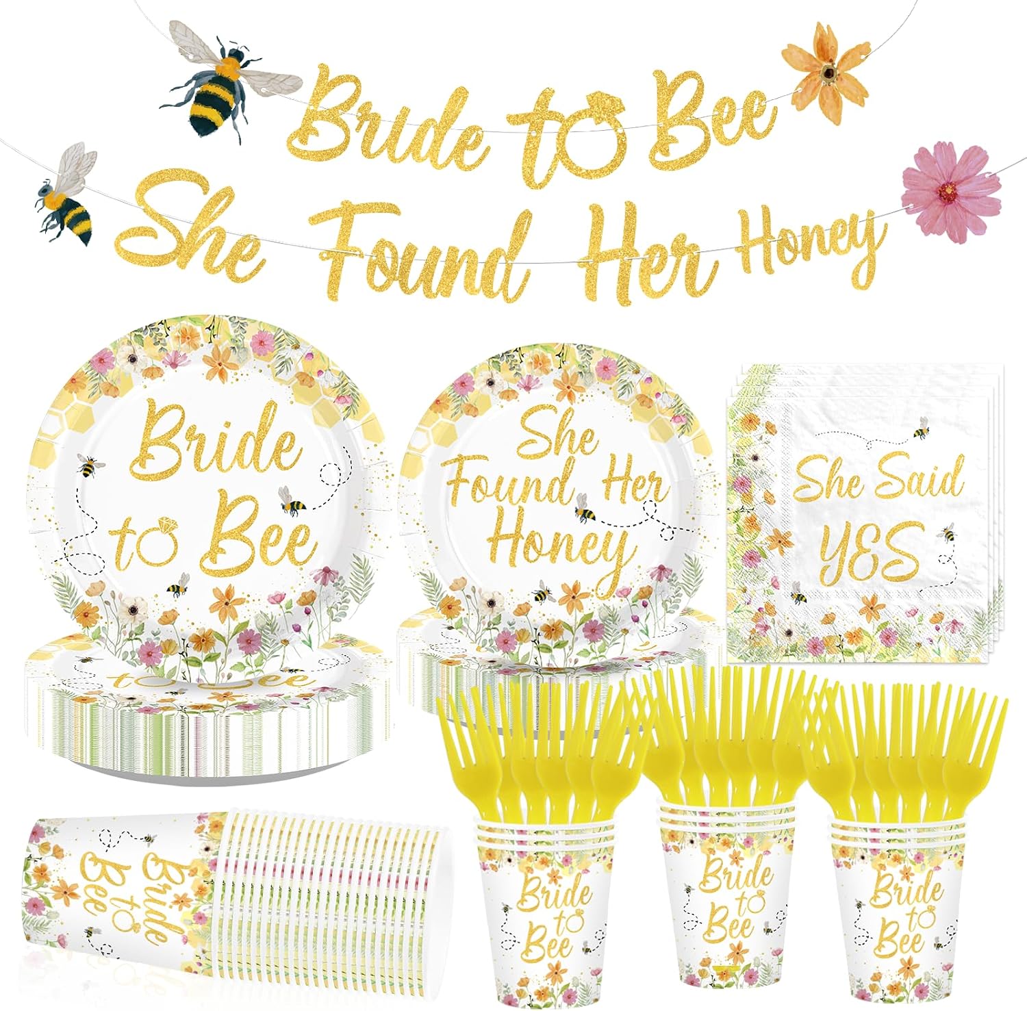 169Pcs Bee Bridal Shower Party Supplies - She Found Her Honey Wildflower Plates and Napkins Tableware Set for Bridal Shower Serves 24 - Grencian
