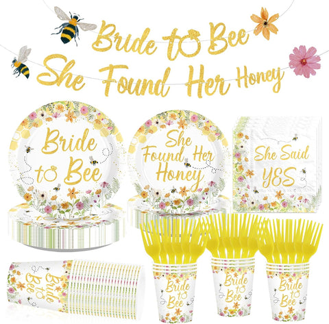 169Pcs Bee Bridal Shower Party Supplies - She Found Her Honey Wildflower Plates and Napkins Tableware Set for Bridal Shower Serves 24 - Grencian