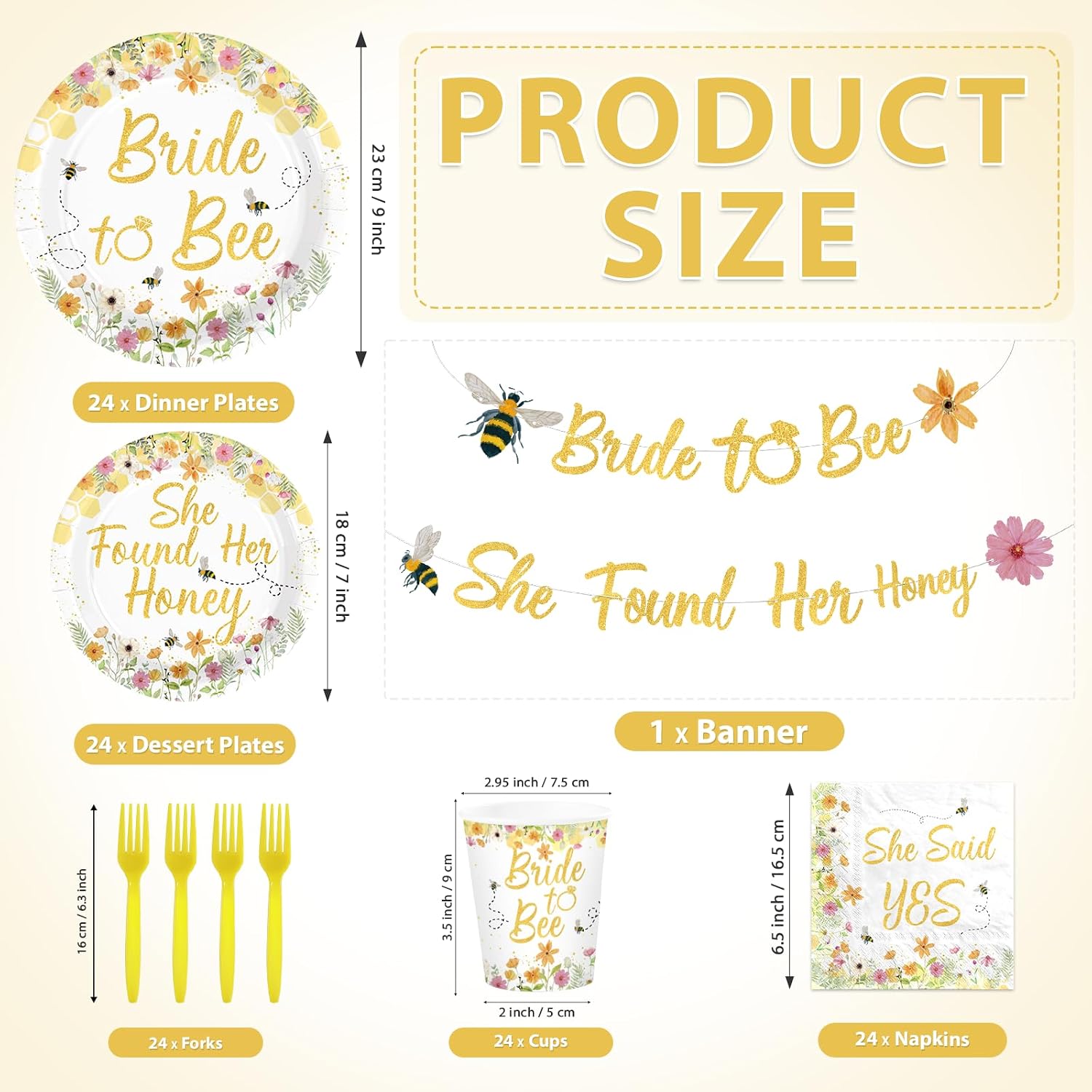 169Pcs Bee Bridal Shower Party Supplies - She Found Her Honey Wildflower Plates and Napkins Tableware Set for Bridal Shower Serves 24 - Grencian