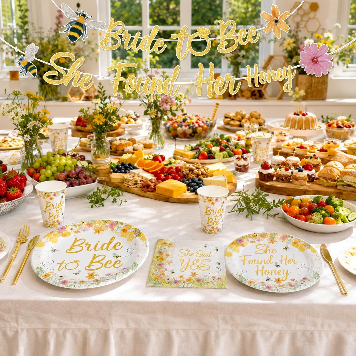 169Pcs Bee Bridal Shower Party Supplies - She Found Her Honey Wildflower Plates and Napkins Tableware Set for Bridal Shower Serves 24 - Grencian