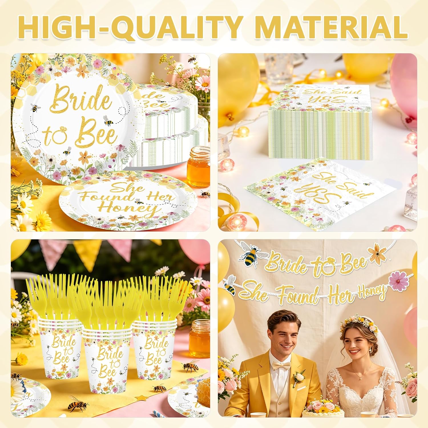 169Pcs Bee Bridal Shower Party Supplies - She Found Her Honey Wildflower Plates and Napkins Tableware Set for Bridal Shower Serves 24 - Grencian