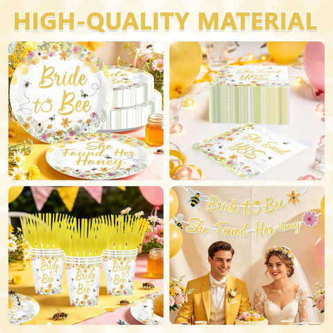 169Pcs Bee Bridal Shower Party Supplies - She Found Her Honey Wildflower Plates and Napkins Tableware Set for Bridal Shower Serves 24 - Grencian