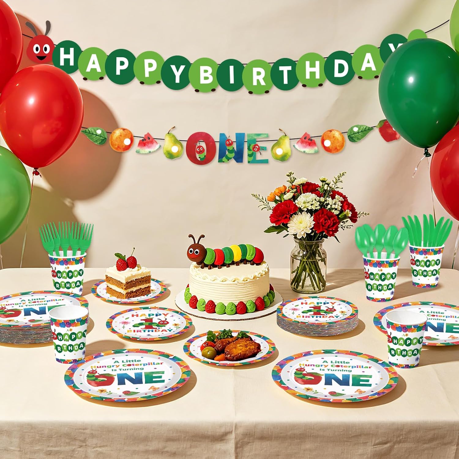 169Pcs Caterpillar 1st Birthday Party Supplies - Hungry Caterpillar Plates Napkins Banner Tableware Set Serves 24 - Grencian