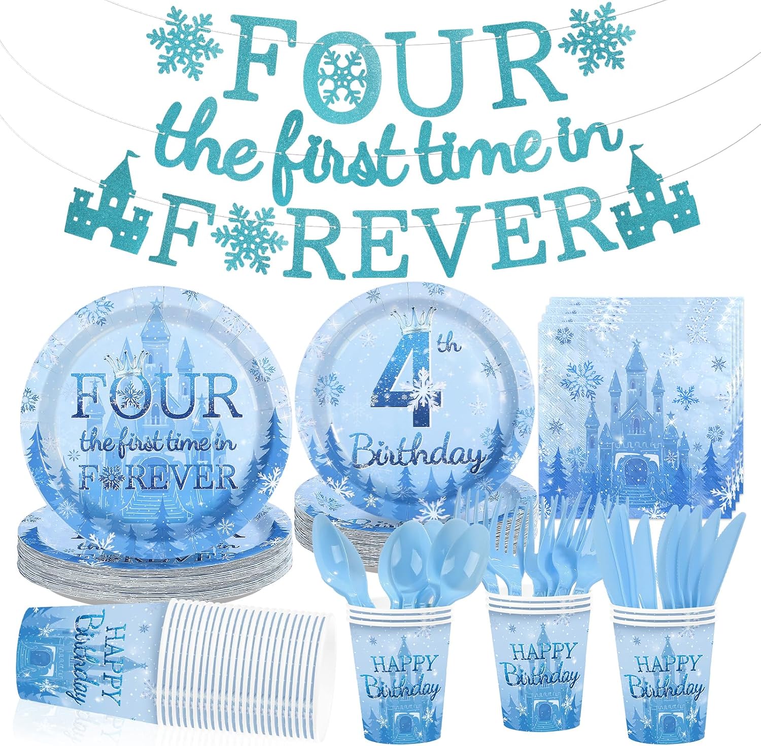169Pcs Frozen 4th Birthday Party Supplies - Winter Wonderland Plates Napkins Cups Cutlery Banner Tableware Set Serves 24 - Grencian
