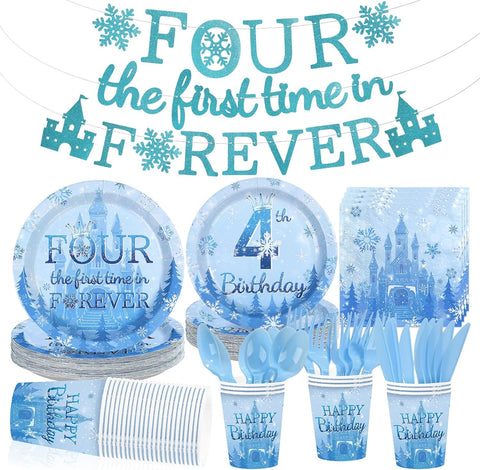 169Pcs Frozen 4th Birthday Party Supplies - Winter Wonderland Plates Napkins Cups Cutlery Banner Tableware Set Serves 24 - Grencian