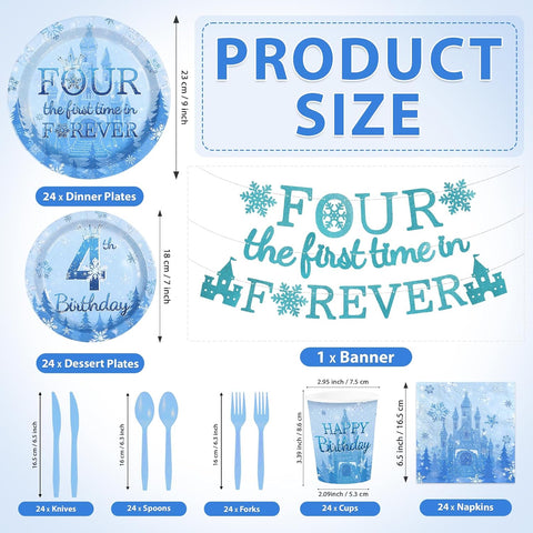 169Pcs Frozen 4th Birthday Party Supplies - Winter Wonderland Plates Napkins Cups Cutlery Banner Tableware Set Serves 24 - Grencian