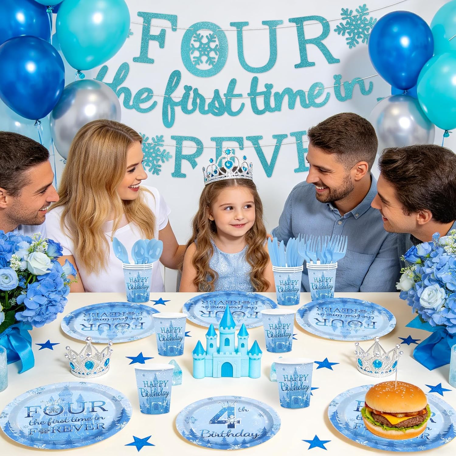 169Pcs Frozen 4th Birthday Party Supplies - Winter Wonderland Plates Napkins Cups Cutlery Banner Tableware Set Serves 24 - Grencian