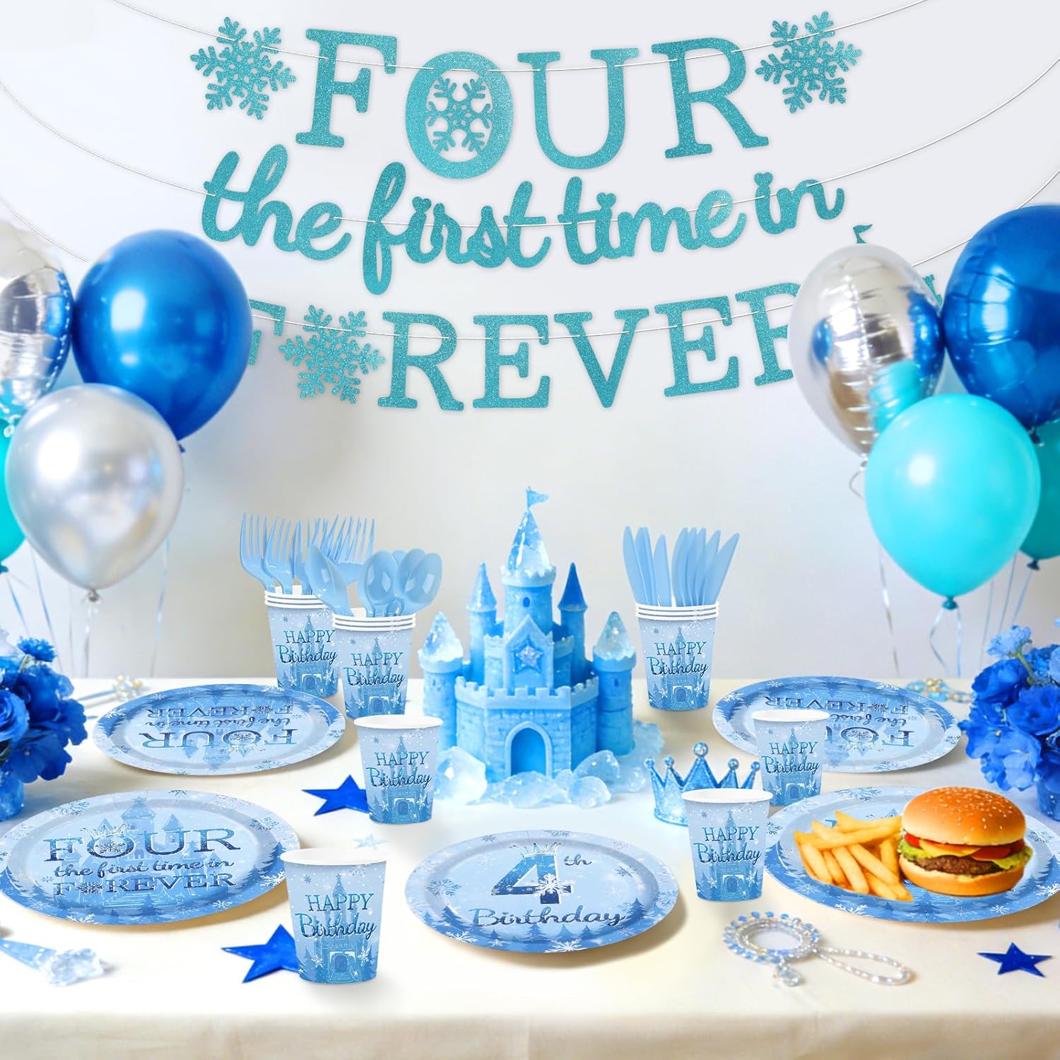 169Pcs Frozen 4th Birthday Party Supplies - Winter Wonderland Plates Napkins Cups Cutlery Banner Tableware Set Serves 24 - Grencian