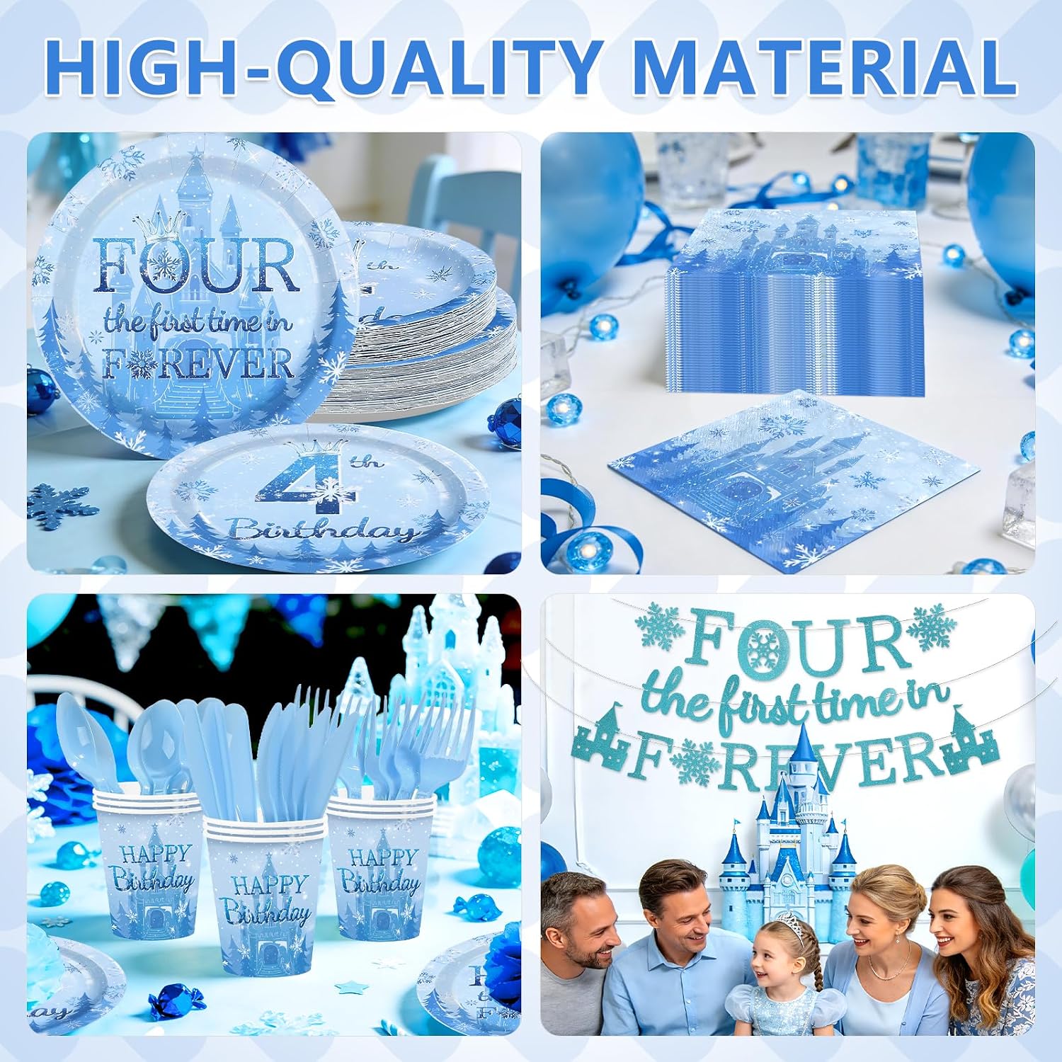 169Pcs Frozen 4th Birthday Party Supplies - Winter Wonderland Plates Napkins Cups Cutlery Banner Tableware Set Serves 24 - Grencian