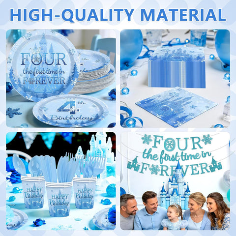 169Pcs Frozen 4th Birthday Party Supplies - Winter Wonderland Plates Napkins Cups Cutlery Banner Tableware Set Serves 24 - Grencian