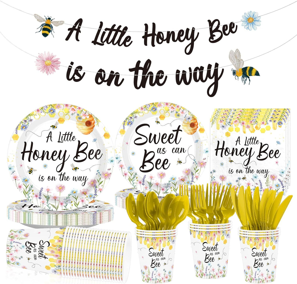 169Pcs Sweet as Can Bee Baby Shower Party Supplies - Honey Bee Plates and Napkins Tableware Set Serves 24 - Grencian