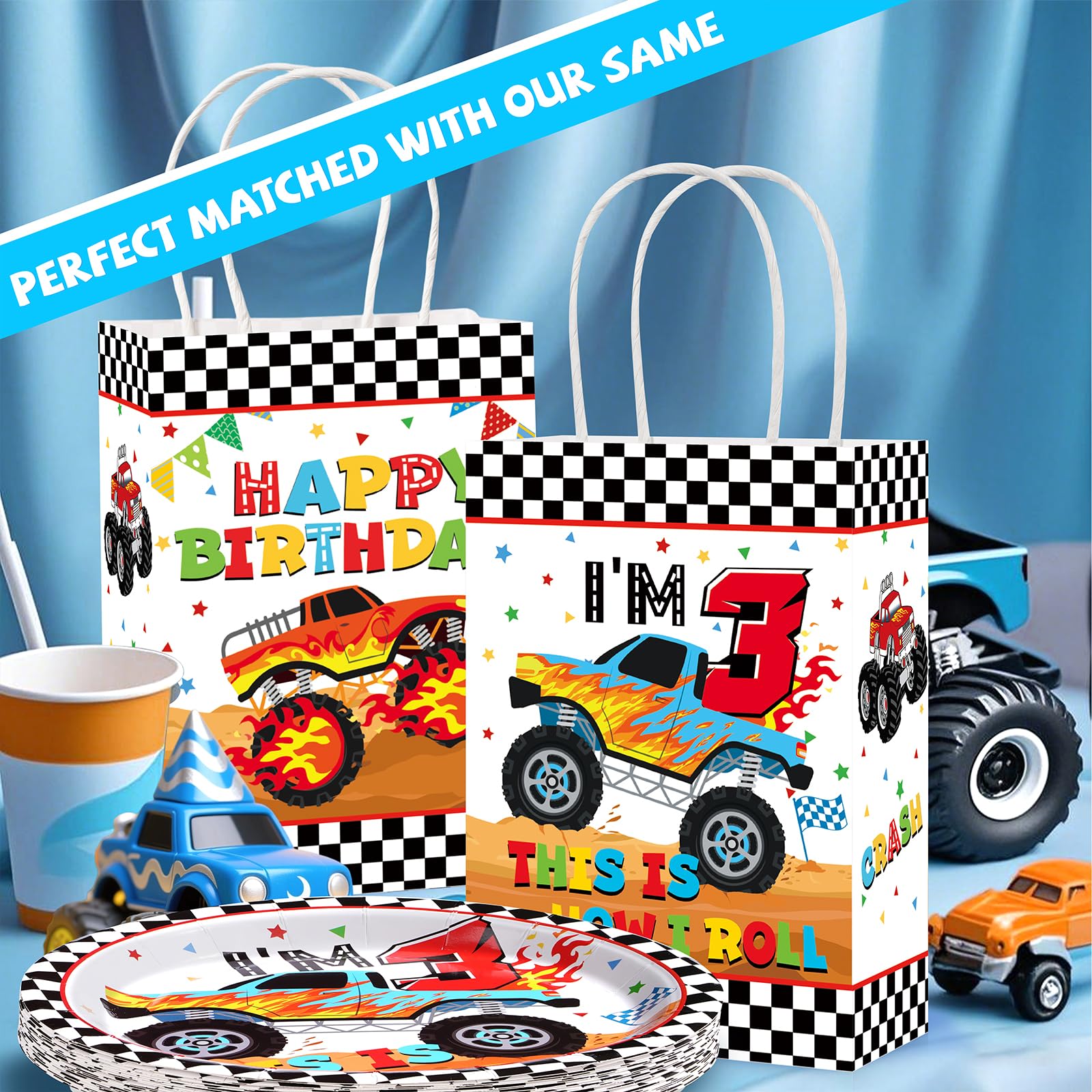 16 Pcs Monster Truck 3rd Birthday Party Goodie Bags - Grencian