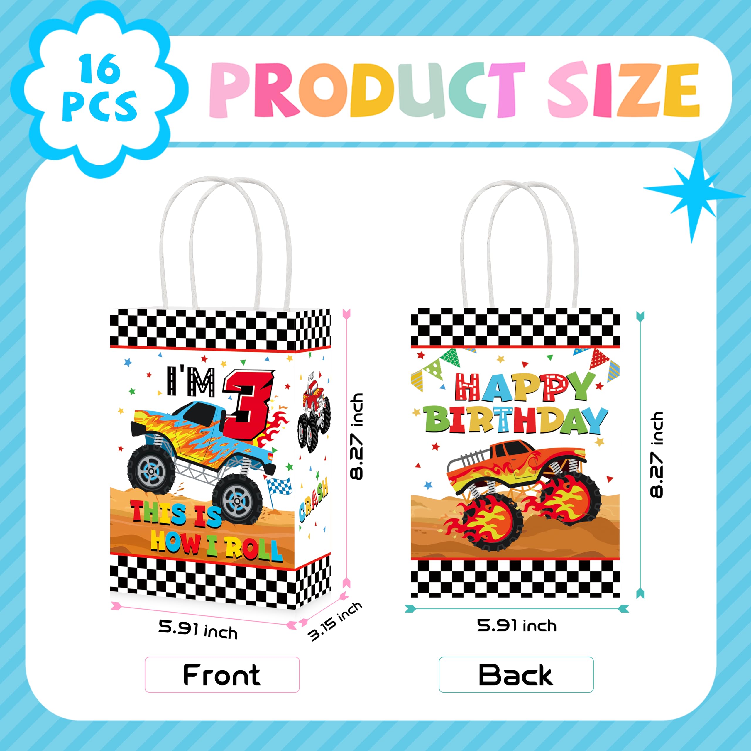 16 Pcs Monster Truck 3rd Birthday Party Goodie Bags - Grencian
