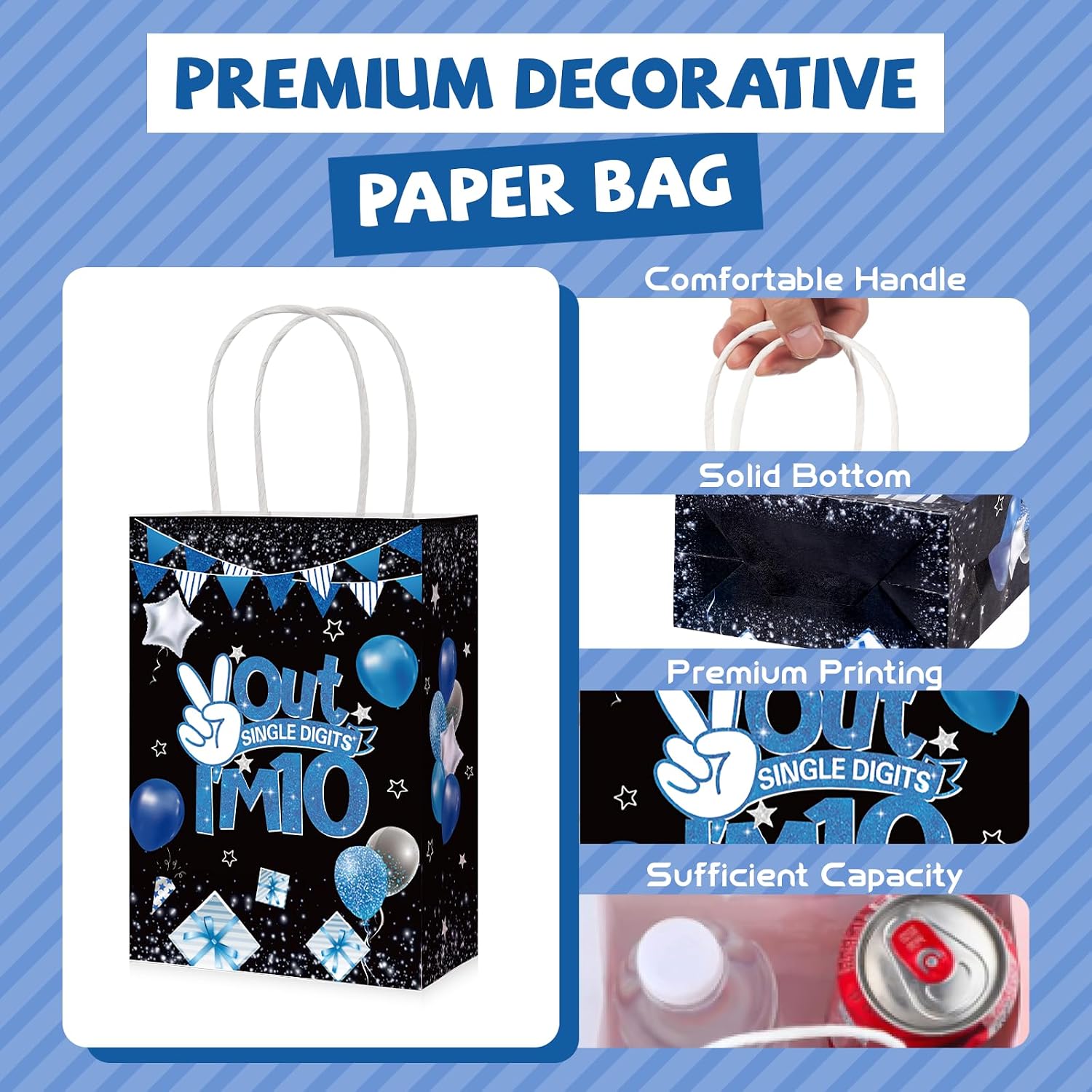 16Pcs 10th Birthday Party Favor Bags Blue Black I'm 10 Goodie Bags image 3