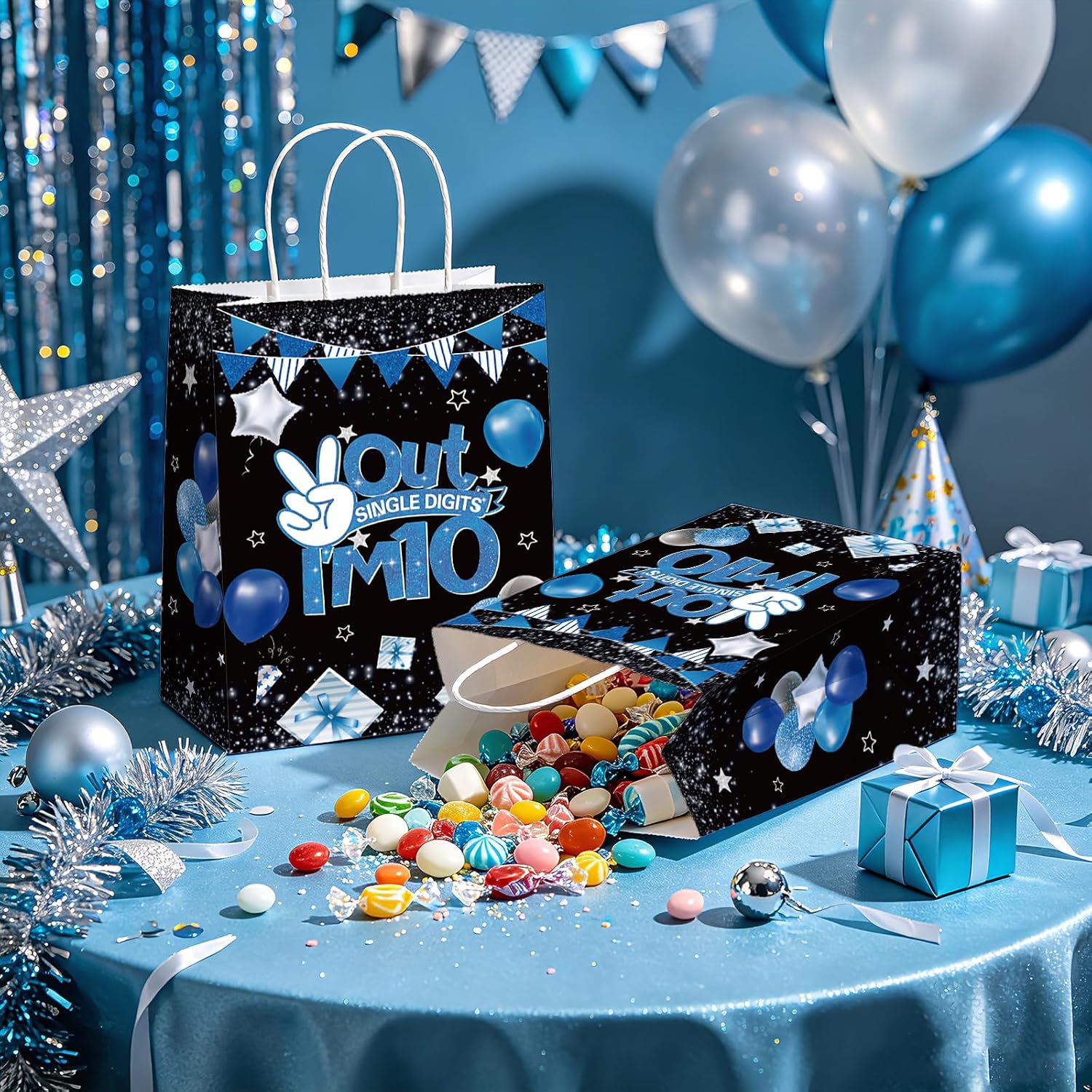 16Pcs 10th Birthday Party Favor Bags Blue Black I'm 10 Goodie Bags image 4