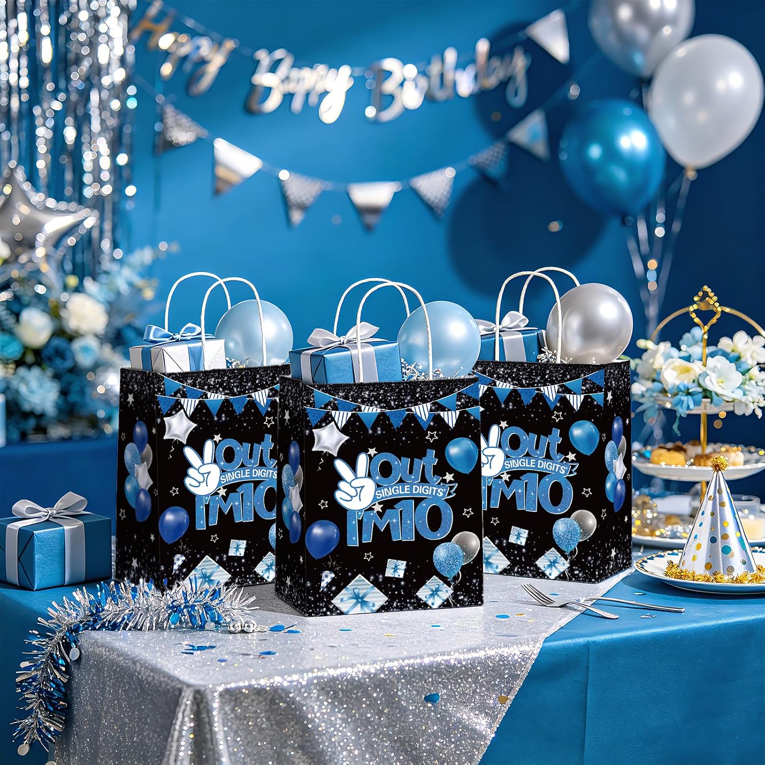 16Pcs 10th Birthday Party Favor Bags Blue Black I'm 10 Goodie Bags image 5