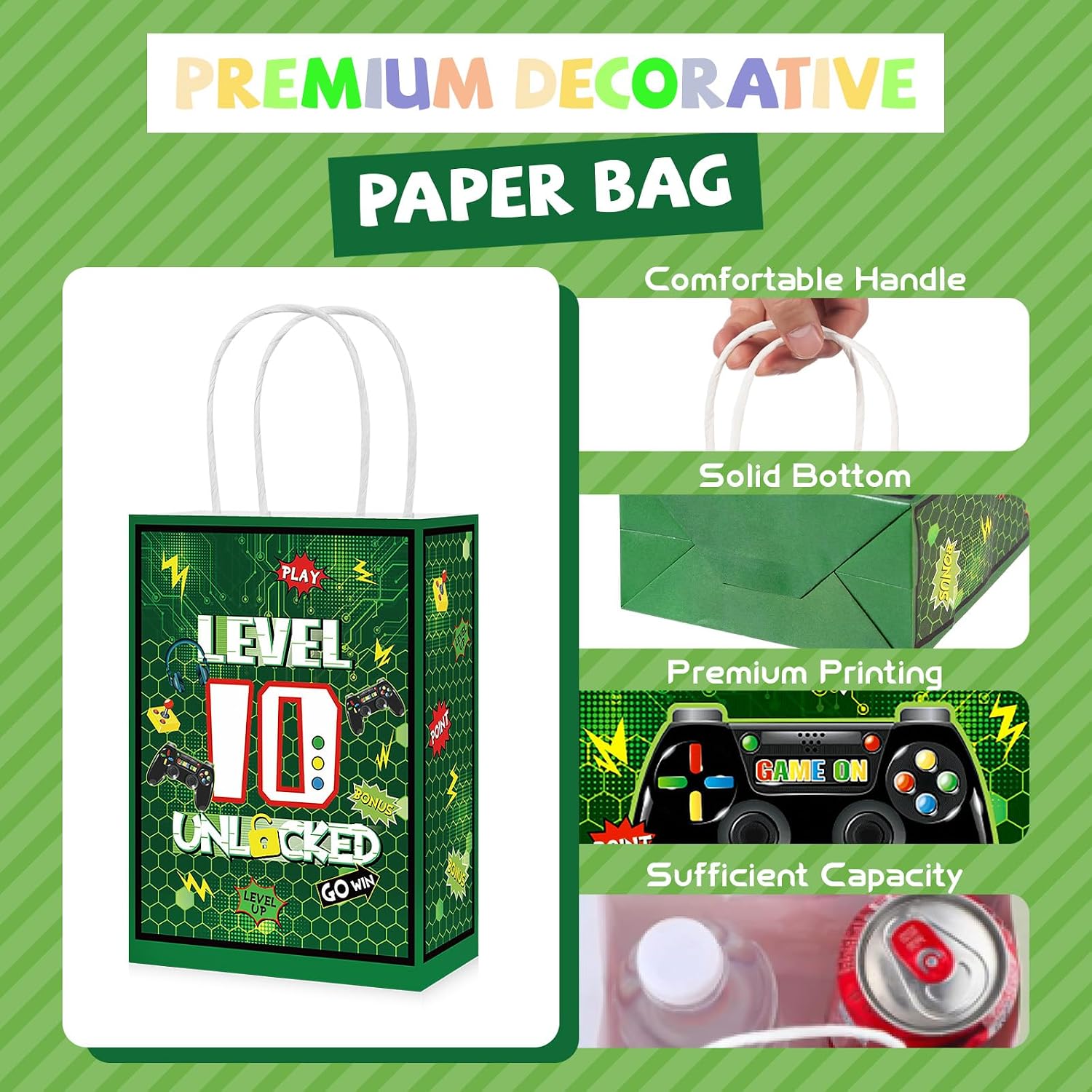 16Pcs 10th Video Game Birthday Party Favor Bags Green Level 10 Goodie Bags image 2