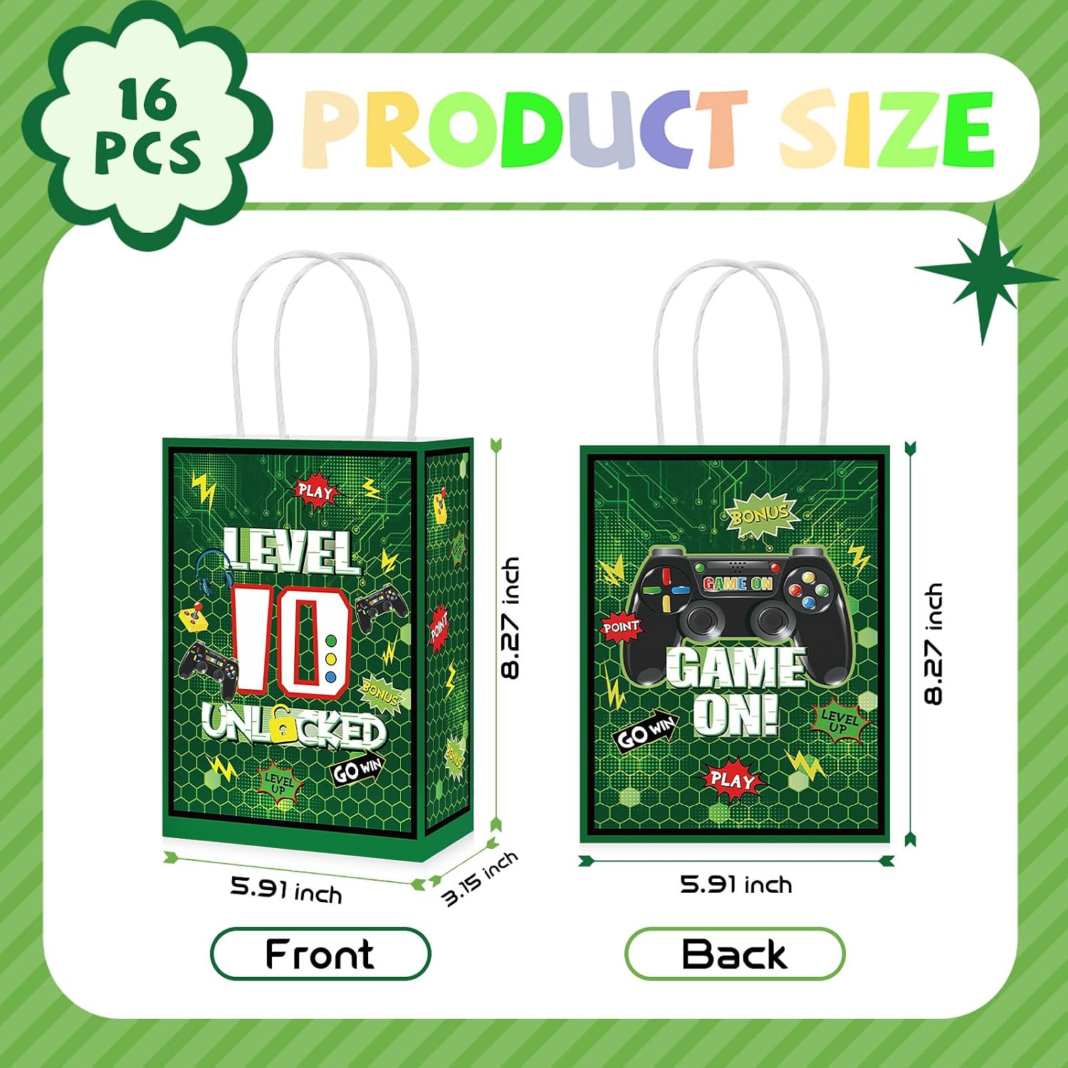 16Pcs 10th Video Game Birthday Party Favor Bags Green Level 10 Goodie Bags image 3