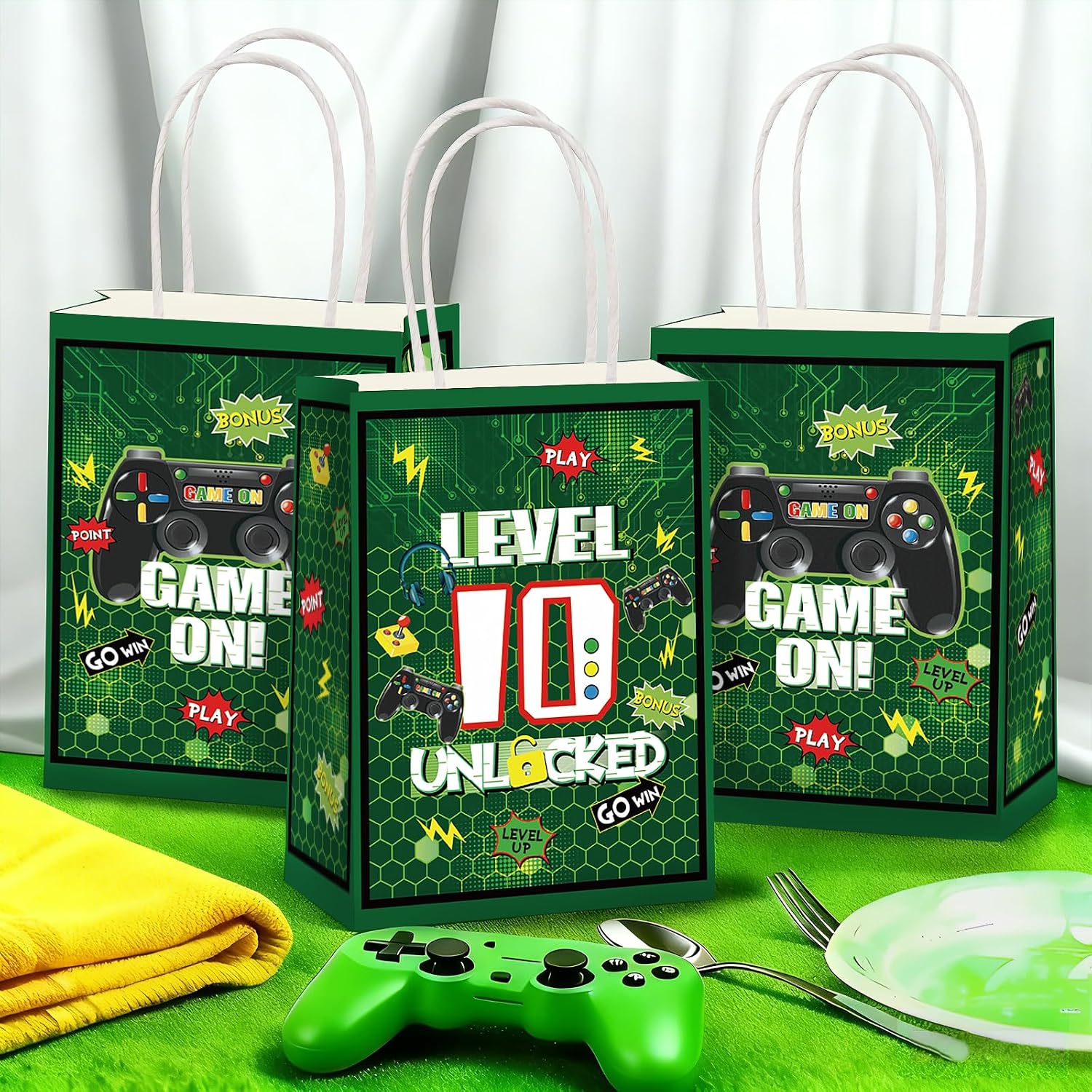 16Pcs 10th Video Game Birthday Party Favor Bags Green Level 10 Goodie Bags image 5