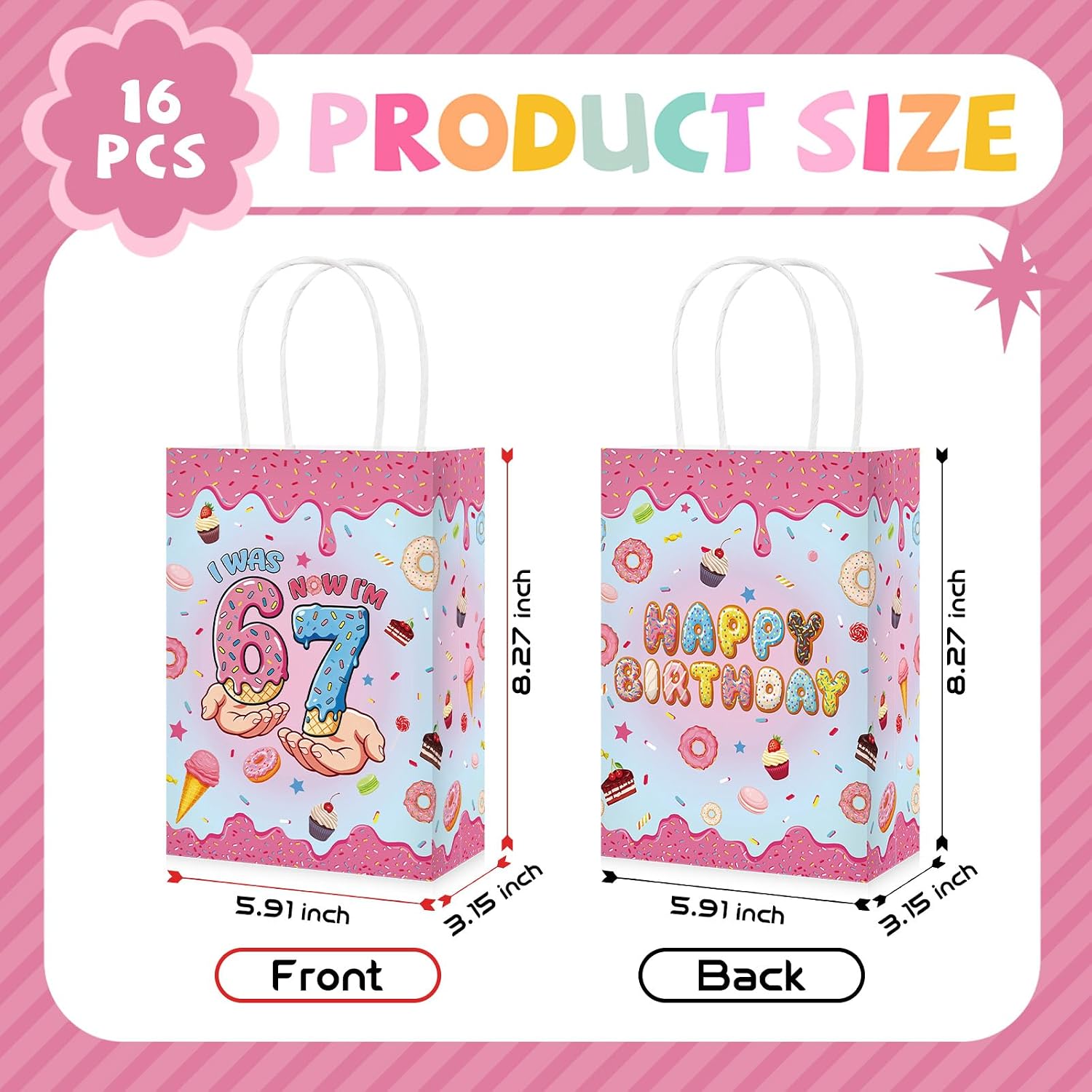 16Pcs 6 7 Birthday Party Favor Bags Ice Cream Donut I Was 6 Now I'm 7 Goodie Bags image 3
